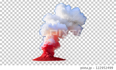 Dramatic red and white smoke cloud billowing against a seamless white background 122952499