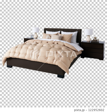 Cozy beige bed with decorative pillows and a gray throw blanket in a modern setting Cozy beige bed with decorative pillows and a gray throw blanket in a modern setting 122952602