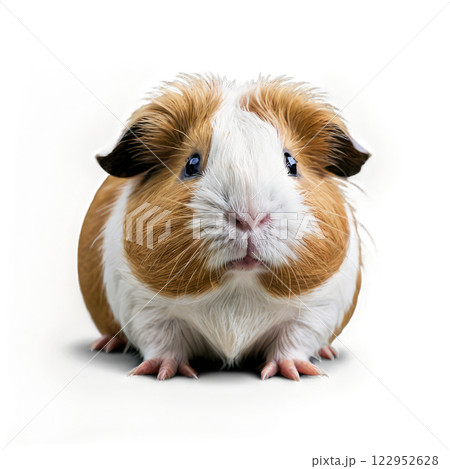 Charming guinea pig standing on a white surface, showcasing its fluffy coat and curious expression 122952628