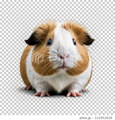 Charming guinea pig standing on a white surface, showcasing its fluffy coat and curious expression 122952628