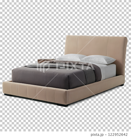 Comfortable beige upholstered bed with gray bedding and nightstand in a modern bedroom setting 122952642