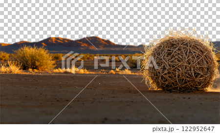 Tumbleweeds rolling along a deserted road in a vast desert landscape at sunset 122952647