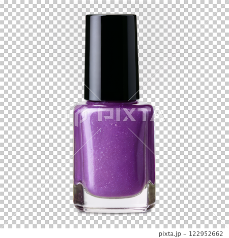 Sparkling purple nail polish in a clear bottle with a black cap for artistic nail designs Sparkling purple nail polish in a clear bottle with a black cap for artistic nail designs 122952662