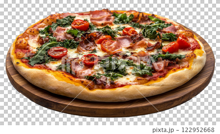 Freshly baked margherita pizza topped with basil and tomatoes on a wooden serving board 122952668