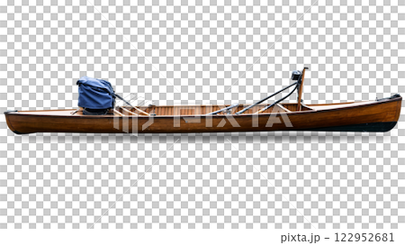 A wooden canoe with a blue cover and motor resting on a white background 122952681