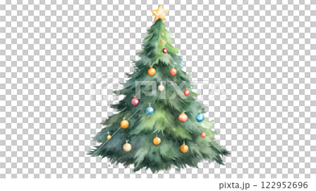Decorated Christmas tree with colorful ornaments and a star on top for holiday celebrations 122952696