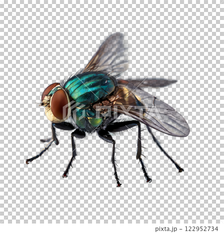 Close up view of a green fly highlighting its detailed features and anatomy on a white background 122952734
