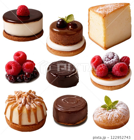 Delicious assortment of desserts featuring chocolate, raspberries, and creamy delights on a platter 122952743