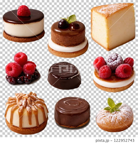 Delicious assortment of desserts featuring chocolate, raspberries, and creamy delights on a platter 122952743