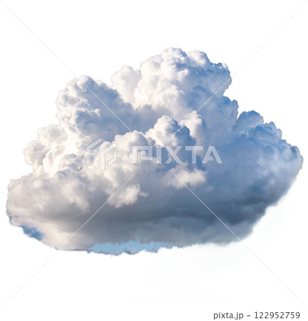 A fluffy white cloud floating serenely against a bright blue sky during daylight hours 122952759
