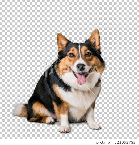 Happy corgi sitting and posing on a white background with a playful expression during daylight 122952783