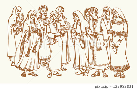 Vector drawing. 10 girls with lamps 122952831