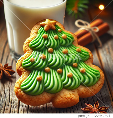 Christmas tree butter cookie in close-up with green icing and golden sprinkles, placed on rustic wooden table with soft holiday glow, milk and cinnamon in background, perfect for food photography 122952891