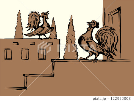 Vector drawing. Singing cock at morning 122953008