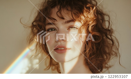 Young woman with curly hair bathed in sunlight, rainbow light falling on face. 122953107