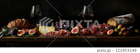 Elegant Wine, Cheese, and Charcuterie Board with Figs, Grapes, and Rustic Bread Elegant Wine, Cheese, and Charcuterie Board with Figs, Grapes, and Rustic Bread 122953149