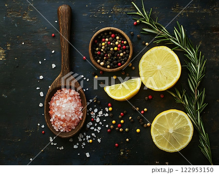 Fresh Lemons, Rosemary, Pink Salt, and Peppercorns on Rustic Wooden Surface Fresh Lemons, Rosemary, Pink Salt, and Peppercorns on Rustic Wooden Surface 122953150