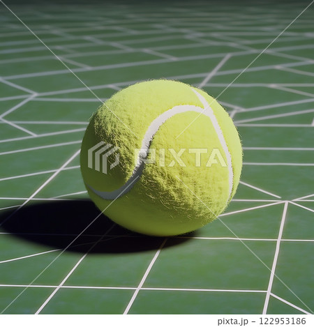 Close-up of tennis ball on green court, shadows casting geometric patterns. 122953186