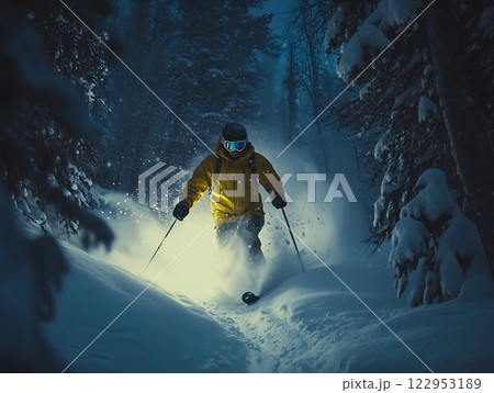 Night skiing in forest, illuminated snow trail with skier in yellow jacket 122953189