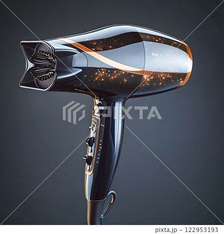 Futuristic hairdryer design with sleek black and gold accents, modern technology 122953193