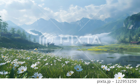 春霞に包まれた山々と田園風景 春霞に包まれた山々と田園風景 122953250