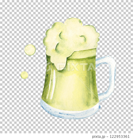 Ale mug, glass with foam. Pint of Irish green Beer. Hand drawn Watercolor illustration traditional St. Patrick's Day Drink. For holiday greeting cards, pub menu. 122953361