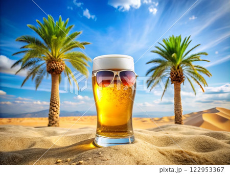 cute funny glass of beer with fake moustache behind desert with palm trees. Beer or bar advertising concept in animation style 122953367