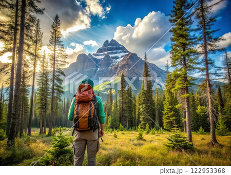 Hiking, thinking or fitness man with backpack in forest for wellness, peace and morning cardio in nature. Sport, idea or athlete explorer in park for path, route or planning trekking, journey or walk 122953368