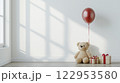ぬいぐるみと赤いバルーン、プレゼントが彩るシンプルな空間 122953580