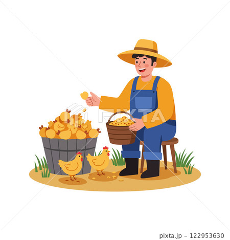 Farmer feeding chickens with basket in flat vector art 122953630