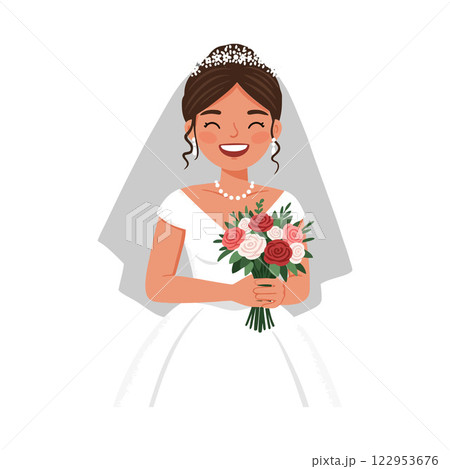 Happy bride holding a bouquet in a minimal vector illustration Happy bride holding a bouquet in a minimal vector illustration 122953676