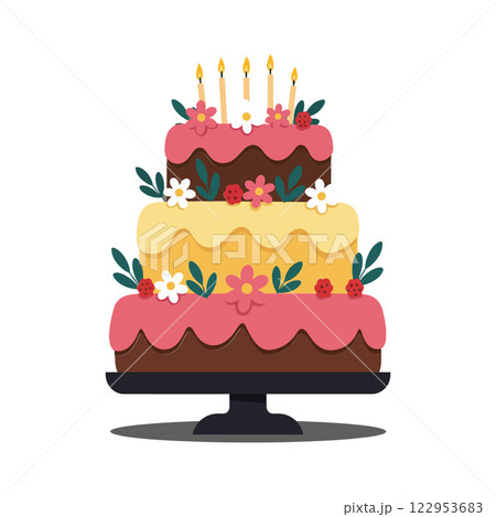 Three-tiered cake with candles and flowers in flat vector art Three-tiered cake with candles and flowers in flat vector art 122953683