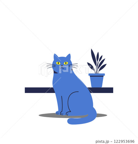 Blue cat sitting beside a potted plant in flat vector art Blue cat sitting beside a potted plant in flat vector art 122953696