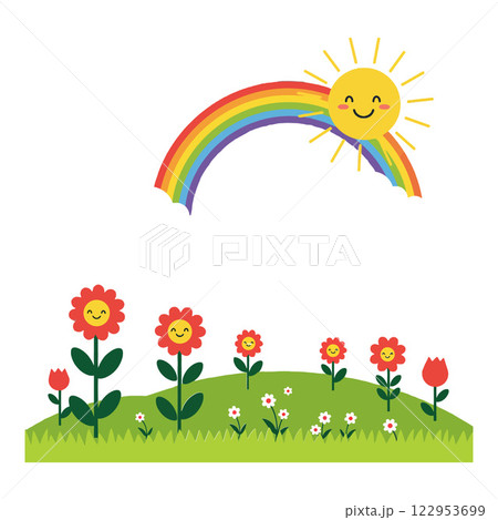 Happy sun with rainbow above colorful flowers in flat vector art 122953699