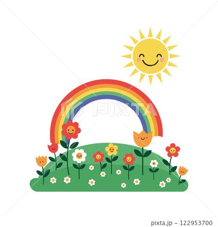 Happy sun and rainbow over blooming flowers in flat vector art 122953700
