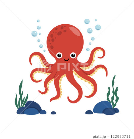 Cute red octopus with bubbles in a flat vector illustration Cute red octopus with bubbles in a flat vector illustration 122953711