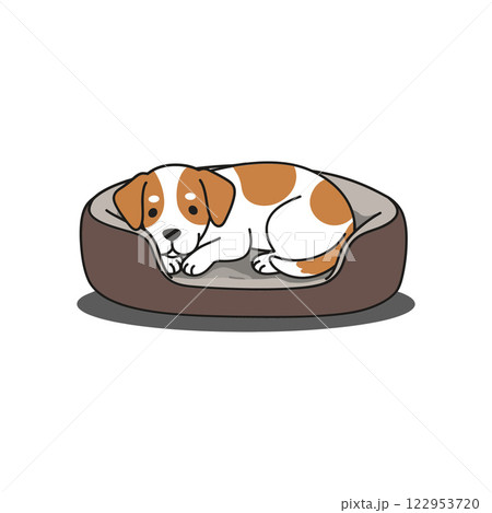 Adorable puppy resting comfortably in a cozy dog bed vector illustration 122953720