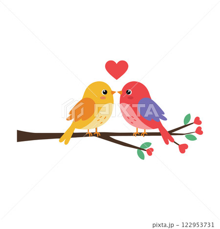 Two colorful birds sharing a romantic moment in flat vector art 122953731