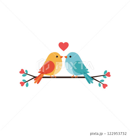 Colorful lovebirds perched on a branch in flat vector art 122953732