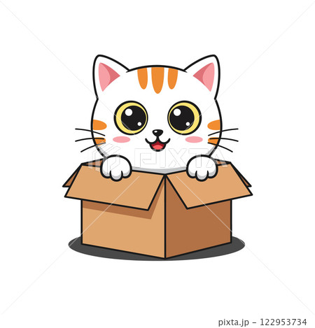 Cute cat peeking out of a cardboard box in flat vector art 122953734