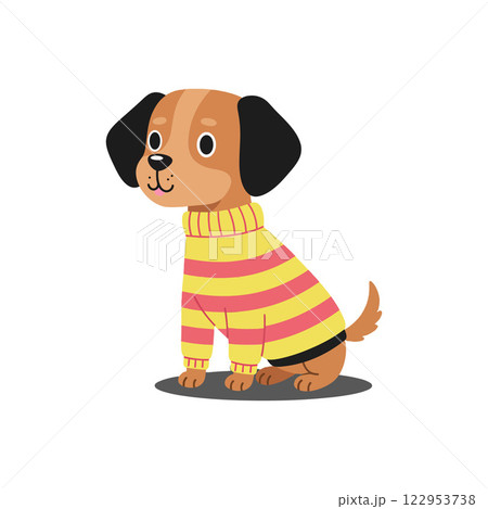 Cute sitting dog wearing striped sweater in flat vector art 122953738