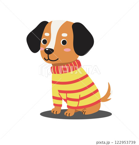 Cute dog wearing a striped sweater in flat vector art 122953739
