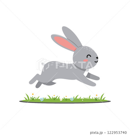Grey rabbit hopping joyfully in flat design vector art 122953740