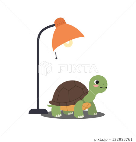 Cute turtle under a lamp in flat vector art style Cute turtle under a lamp in flat vector art style 122953761