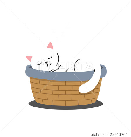Sleeping white cat in a cozy basket, flat vector art Sleeping white cat in a cozy basket, flat vector art 122953764