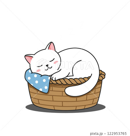 Cute sleeping cat in a cozy basket, flat vector illustration Cute sleeping cat in a cozy basket, flat vector illustration 122953765
