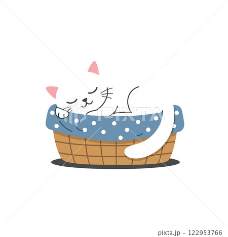 White cat sleeping peacefully in a cozy basket flat vector art 122953766