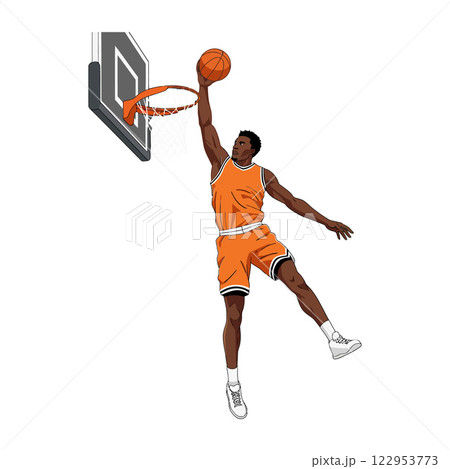 Basketball player performing a slam dunk in flat vector art Basketball player performing a slam dunk in flat vector art 122953773