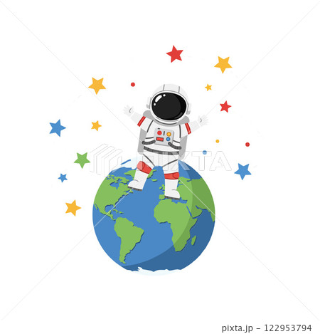 Astronaut celebrating on Earth with colorful stars in flat vector illustration 122953794