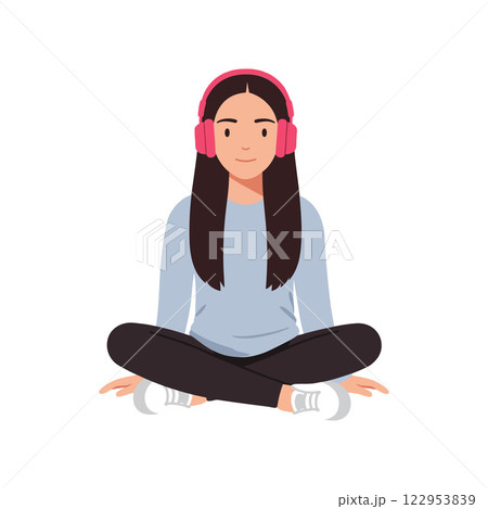 Young woman meditating with headphones in a flat vector illustration 122953839